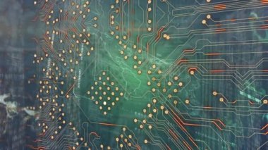 Animation of integrated circuit over connections and world map in green digital space. Global network, connections, data processing and technology concept digitally generated video.