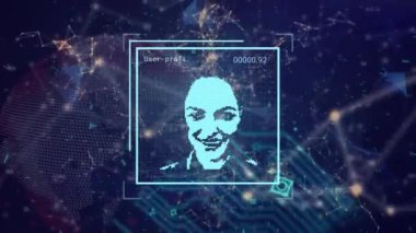 Veri işleme animasyonu ve mavi arkaplandaki insan simgeleri. Küresel iş ve dijital arayüz kavramı dijital olarak oluşturulmuş video.