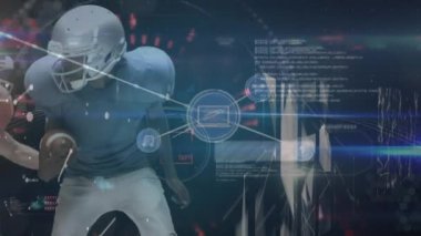 Animation of network of connections and digital screens over diverse male rugby players. Sport, competition, network and connections concept digitally generated video.