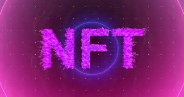 Animation of nft text and neon circles on black background. Retail and shopping concept digitally generated video.