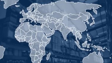 Deponun üzerindeki dünya haritasının animasyonu. Küresel iş ve dijital arayüz kavramı dijital olarak oluşturulmuş video.