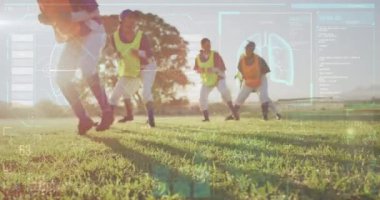 Egzersiz yapan çeşitli bayan beyzbol oyuncuları üzerinde veri işleme animasyonu. Küresel spor ve dijital arayüz kavramı dijital olarak oluşturulmuş video.