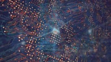 Dijital ekrandaki veri ve bağlantılar üzerinde entegre devrelerin animasyonu. Dijital olarak oluşturulmuş küresel ağ, bağlantılar, veri işleme ve teknoloji konsepti.