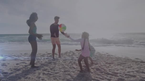 Animation Light Trails Biracial Family Playing Together Beach Lifestyle Family — Stock video
