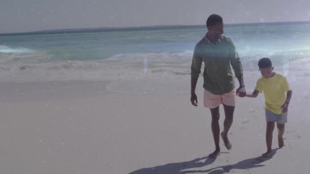 Animation Light Trails African American Man His Son Walking Beach — Stock Video