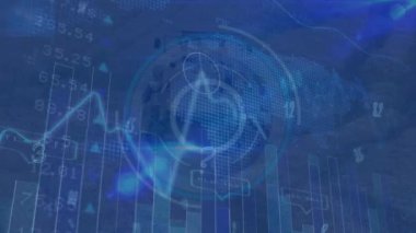 Mavi arkaplanda veri işleme animasyonu. küresel iş ve dijital arayüz kavramı dijital olarak oluşturulmuş video.