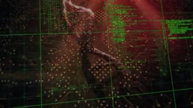 DNA ipliği üzerinde veri işleme ve bilgisayar devre kartı animasyonu. Küresel tıp, sağlık ve dijital arayüz kavramı dijital olarak üretilen video.