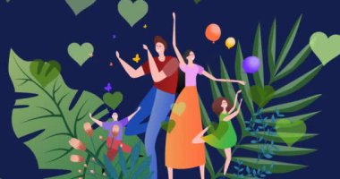 Animation of happy family over blue background with leaves and hearts. Family and adoption concept digitally generated video.