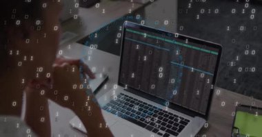 Animation of data processing over caucasian businesswoman using laptop. Computer security day and celebration concept digitally generated video.