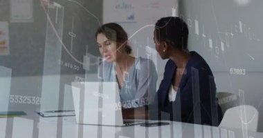 Ofisteki çeşitli kadın iş arkadaşlarının finansal verilerinin ve grafiklerinin animasyonu. İş, finans, ekonomi ve işbirliği konsepti dijital olarak oluşturulmuş video.