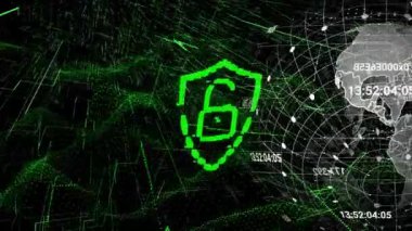 Siyah arkaplanda asma kilit ikonu üzerinde dünya ile veri işleme animasyonu. Küresel teknoloji ve dijital arayüz konsepti dijital olarak oluşturulmuş video.