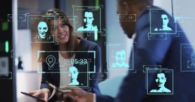 Ofisteki çeşitli iş adamları üzerinde insanların canlandırılması. Küresel iş ve dijital arayüz kavramı dijital olarak oluşturulmuş video.