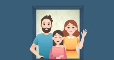 Mavi arka planda kalbi olan beyaz anne-baba ve kızının animasyonu. Aile ve evlat edinme kavramı dijital olarak oluşturulmuş video.