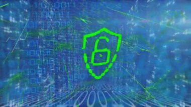 Animation of data processing and padlock over blue background. Global business and digital interface concept digitally generated video.
