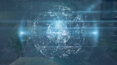 Kafkasyalı steteskoplu erkek doktor üzerindeki ikonlarla bağlantı ağının animasyonu. Küresel tıp ve dijital arayüz kavramı dijital olarak oluşturulmuş video.