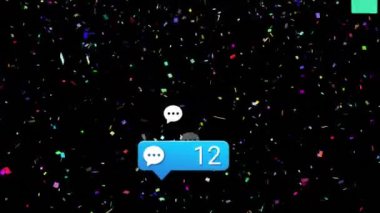 Siyah arka planda medya simgeleri ve konfeti animasyonu. Sosyal medya ve dijital arayüz konsepti dijital olarak oluşturulmuş video.