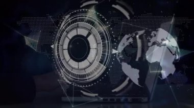 Veri işleme ve küre üzerindeki taramaların animasyonu. Küresel teknoloji, bilgisayar ve dijital arayüz kavramı dijital olarak oluşturulmuş video.