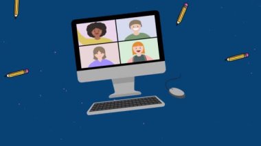 Çevrimiçi dersler sırasında öğrencilerin canlandırılması ve mavi arka planda okula geri dönmesi. Okul, eğitim ve teknoloji konseptiyle dijital olarak üretilen video.