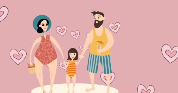 Animation Caucasian Parents Daughter Beach Wear Pink Background Hearts Family — Stok video