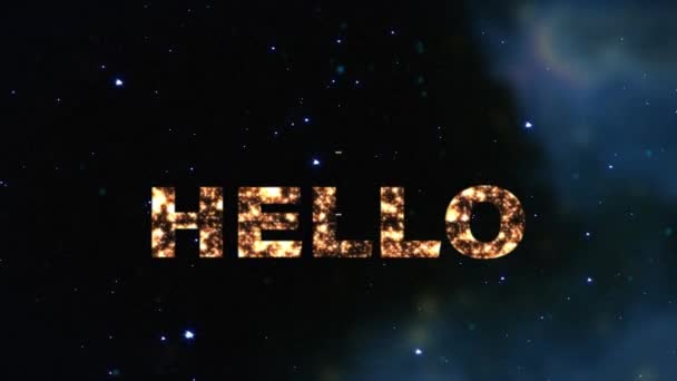 Karanlık Arka Plandaki Yıldızların Üzerinde Merhaba Mesajı Animasyonu Dünya Merhaba — Stok video