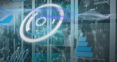 Sunucu odasında veri işleme resmi. küresel iş ve dijital arayüz kavramı dijital olarak oluşturulmuş görüntü.