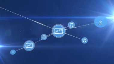 Mavi arkaplandaki simgelerle bağlantı ağının canlandırılması. Dijital olarak oluşturulmuş küresel bağlantılar, ağ oluşturma ve dijital arayüz kavramı.