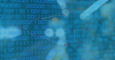 Mavi arkaplanda veri işleme resmi. Küresel bağlantılar, teknoloji ve dijital arayüz konsepti dijital olarak oluşturuldu.