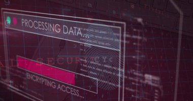 Mavi arkaplan üzerinde veri işleme ve güvenlik parmak izi resmi. Küresel bağlantılar, veri işleme ve dijital arayüz konsepti dijital olarak oluşturulmuş resim.