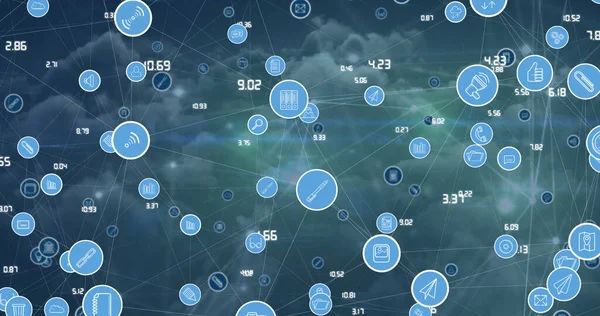 Image of network of connections with icons over sky with clouds. Global technology, computing and digital interface concept digitally generated image.