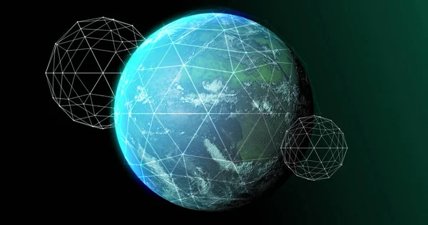 Image of globe, connections and data processing on black background. Global network, connections, communication and technology concept digitally generated image.