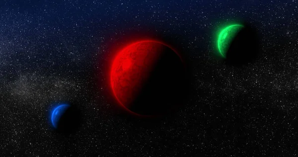 Image of red, green and blue planets in black space. Astronomy, cosmos, universe and space exploration concept digitally generated image.