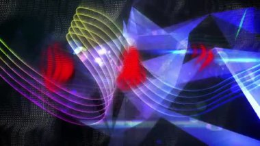 Renklerin, şekillerin ve karanlık arkaplanın üzerindeki neon dalgaların videosu. Renkler, şekiller ve hareket konsepti dijital olarak oluşturulmuş video.