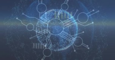 Veri işlemenin dijital animasyonu mavi arkaplan ile bağlantılı ağ üzerinde. Bilgisayar arayüzü ve tıbbi araştırma teknolojisi kavramı