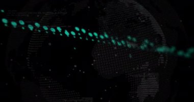 Veri işlemenin dijital animasyonu ve siyah arkaplanda dönen dünya üzerinde değişen sayılar. Bilgisayar arayüzü ve iş teknolojisi kavramı