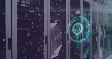 Animation of processing circle, shapes and lights over servers. Network, connections, data processing and technology concept digitally generated video.
