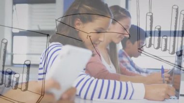 Çeşitli öğrenci grupları üzerinde matematiksel formüllerin animasyonu. Dijital olarak oluşturulan eğitim ve matematik konsepti.