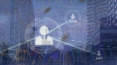 Şehir manzarası üzerinde veri işleme animasyonu. küresel iş ve dijital arayüz kavramı dijital olarak oluşturulmuş video.