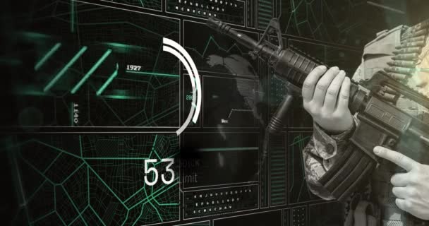 Animation Hand Soldier Holding Gun Scanner Globe Data Processing Interface — Vídeos de Stock