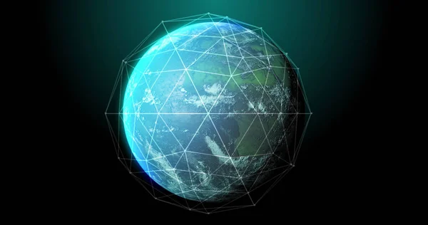 Image of globe, connections and data processing on black background. Global network, connections, communication and technology concept digitally generated image.