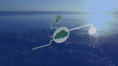 Animation of technology icons over cityscape and seascape at sunset. global network, data processing and technology concept digitally generated video.