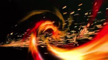 Animation of spiral of orange light over yellow sparks on black background. Communication technology, abstract digital interface background concept digitally generated video.