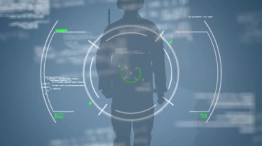 Animation of scope scanning and data processing over soldiers. Armed forces and data processing concept digitally generated video.