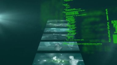 3D DNA iplikçikli ekranların üzerinde veri işleme animasyonu. küresel bilim, hesaplama, veri işleme ve dijital arayüz kavramı dijital olarak oluşturulmuş video.