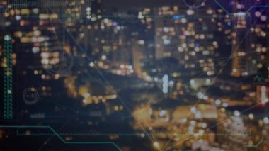 Animation of network of connections with digital frame over blurred night cityscape. Global network, connections, communication and technology concept digitally generated video.