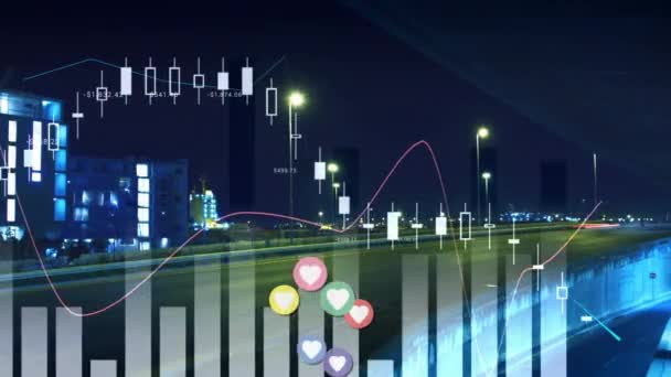 Multiple Heart Icons Statistical Data Processing City Traffic Night Social — Wideo stockowe