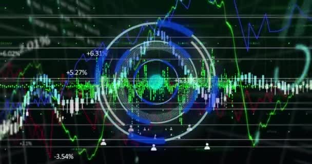 Financial Data Processing Multiple Profile Icons Neon Scanner Black Background — стоковое видео