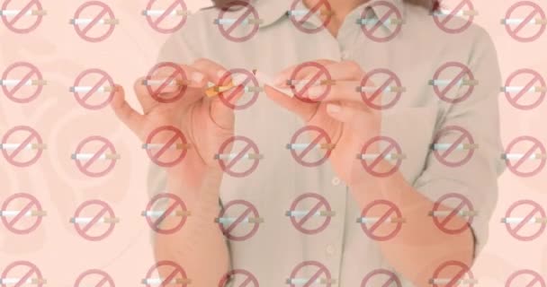 Animation Rows Lit Cigarettes Smoking Signs Biracial Woman Breaking Cigarette — Stock videók