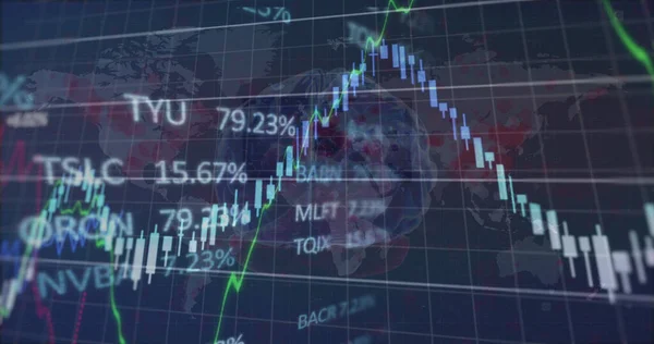 Image of financial data processing over digital brain on black background. Global finances, computing and digital interface concept digitally generated image.