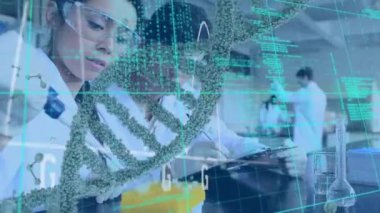 Veri işleme animasyonu ve çeşitli bilim adamları üzerinde dönen üç boyutlu DNA ipliği. küresel bilim, hesaplama, veri işleme ve dijital arayüz kavramı dijital olarak oluşturulmuş video.