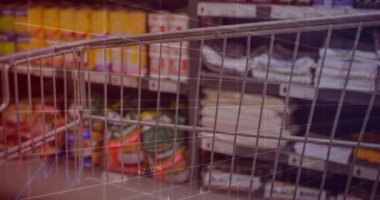 Alışveriş arabasında finansal veri işleme animasyonu. Küresel alışveriş, iş, finans, veri işleme ve dijital arayüz kavramı dijital olarak oluşturulmuş video.